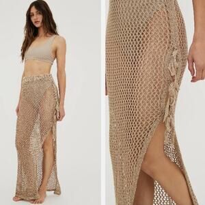 BEACH RIOT - Debra Crochet Net Maxi Skirt XS Tan Coastal Swim Cover Festival NWT